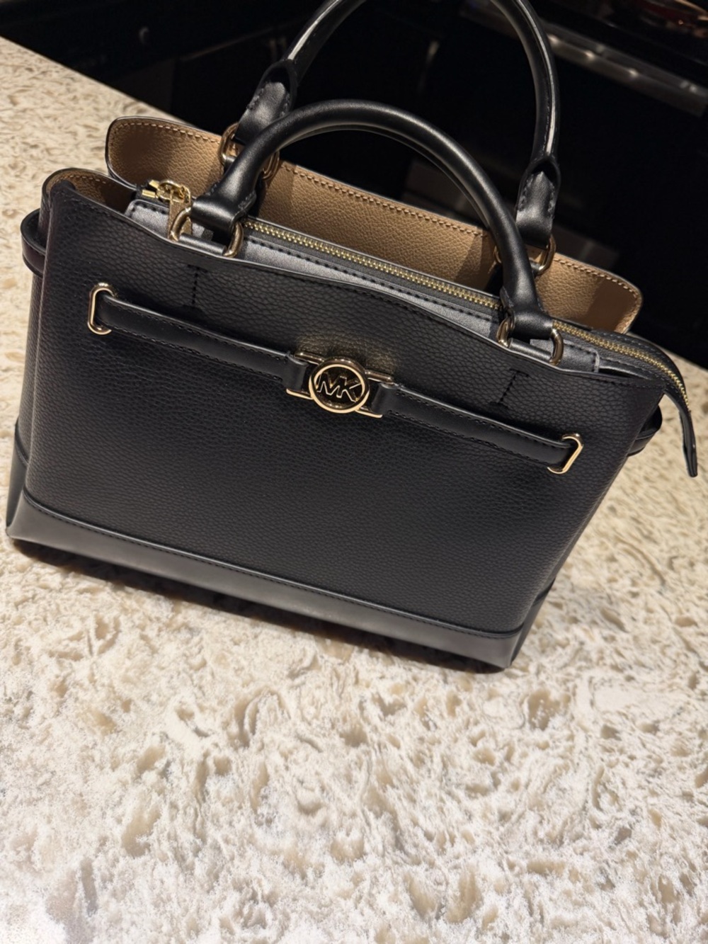 Michael Kors Black Leather Satchel with Gold MK Accent
